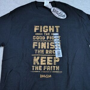 Kerusso Fight the Good Fight 2 Timothy 4:7 Christian T-Shirt Black Gold Small